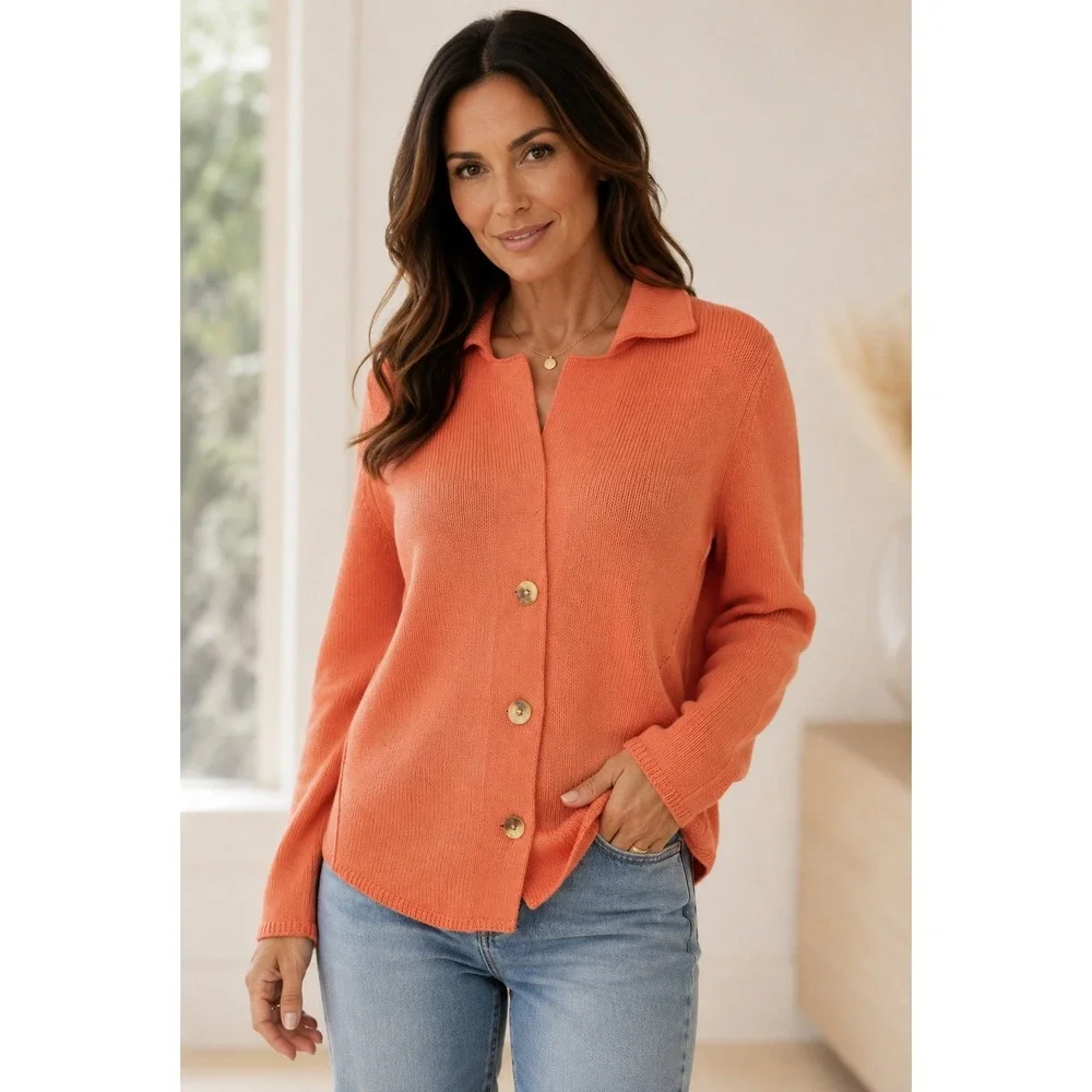 Delle Celle Cardigan Italian 100% Cotton Orange Ribbed Knit Sweater Minimal Chic